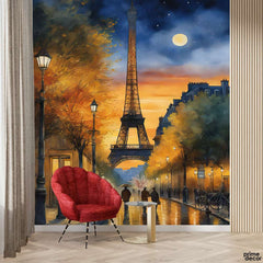 Eiffel Tower In Beautiful Autumn Night With Moon | Travel Wallpaper Mural