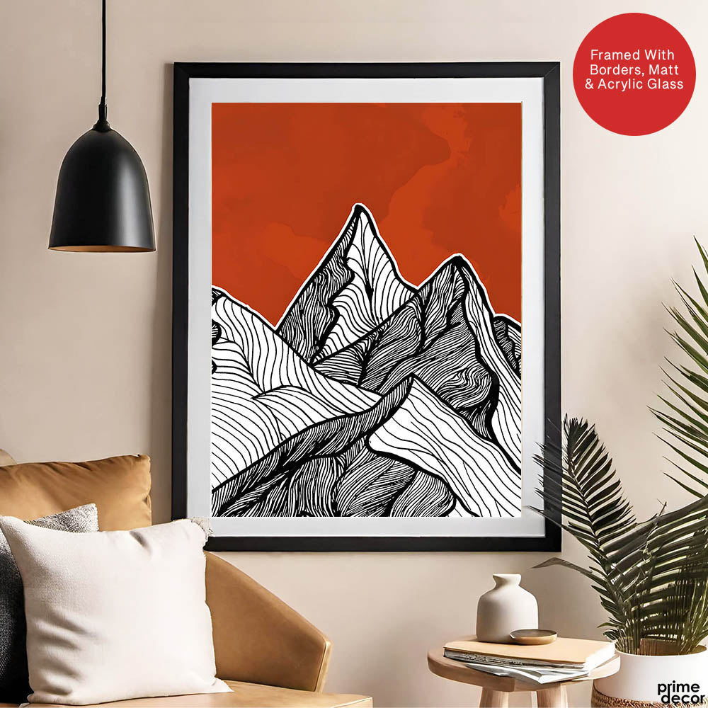 Black & White Mountain Design Over Red Background | Abstract Office Artwork #00180 - Prime Décor