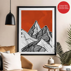 Black & White Mountain Design Over Red Background | Abstract Office Artwork #00180 - Prime Décor