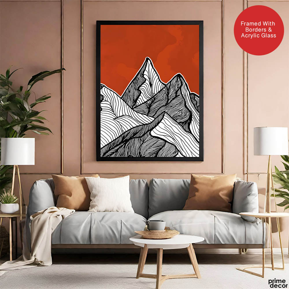 Black & White Mountain Design Over Red Background | Abstract Office Artwork #00180 - Prime Décor