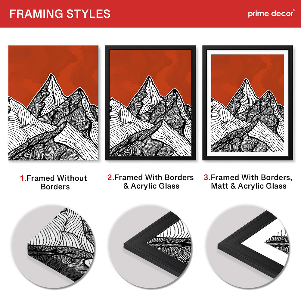 Black & White Mountain Design Over Red Background | Abstract Office Artwork #00180 - Prime Décor