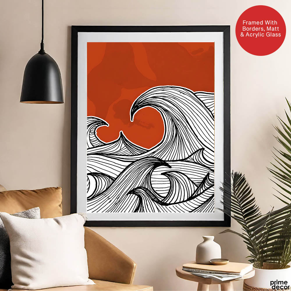 Black & White Waves Design Over Red Background | Abstract Office Artwork #00181 - Prime Décor