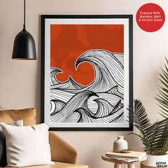 Black & White Waves Design Over Red Background | Abstract Office Artwork #00181 - Prime Décor