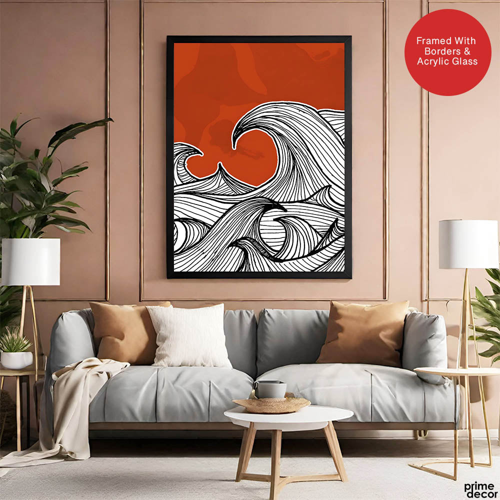 Black & White Waves Design Over Red Background | Abstract Office Artwork #00181 - Prime Décor