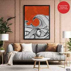 Black & White Waves Design Over Red Background | Abstract Office Artwork #00181 - Prime Décor