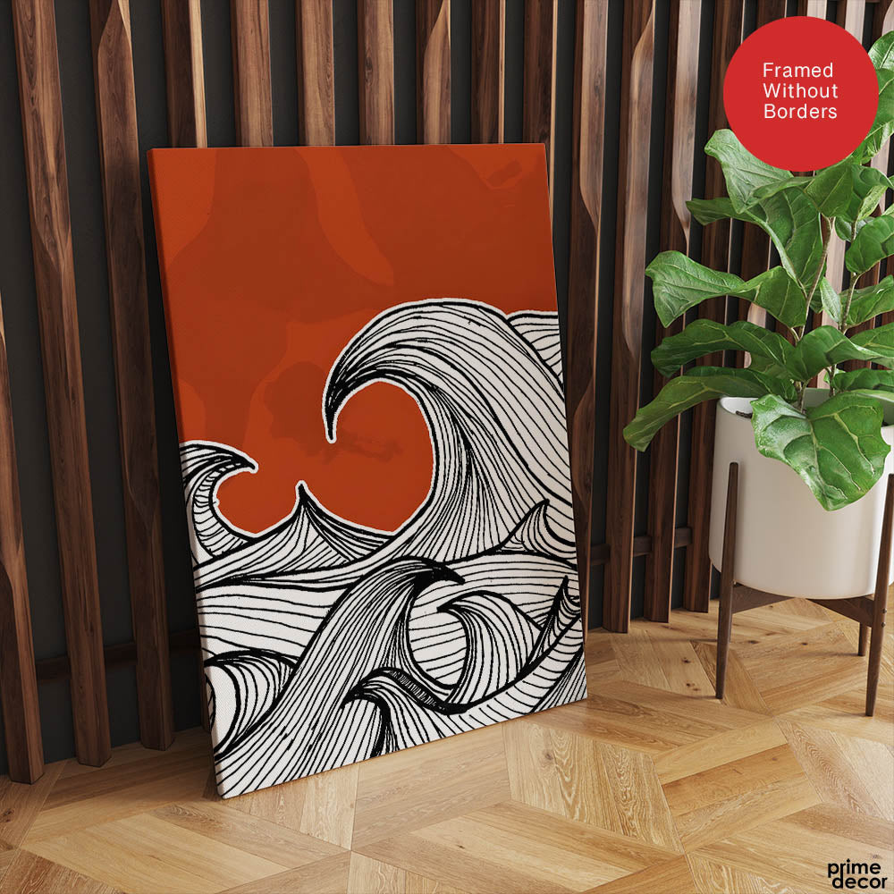 Black & White Waves Design Over Red Background | Abstract Office Artwork #00181 - Prime Décor