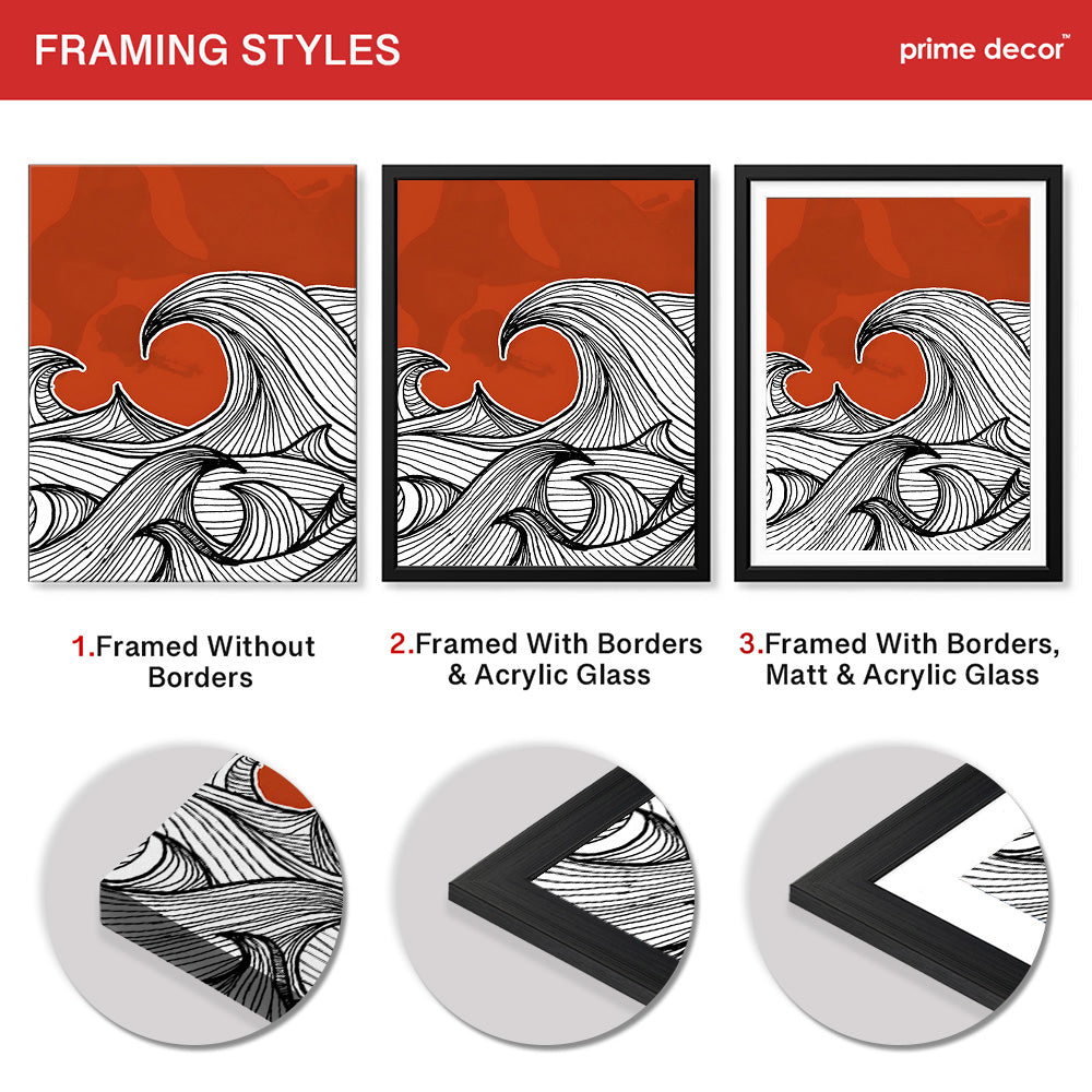 Black & White Waves Design Over Red Background | Abstract Office Artwork #00181 - Prime Décor