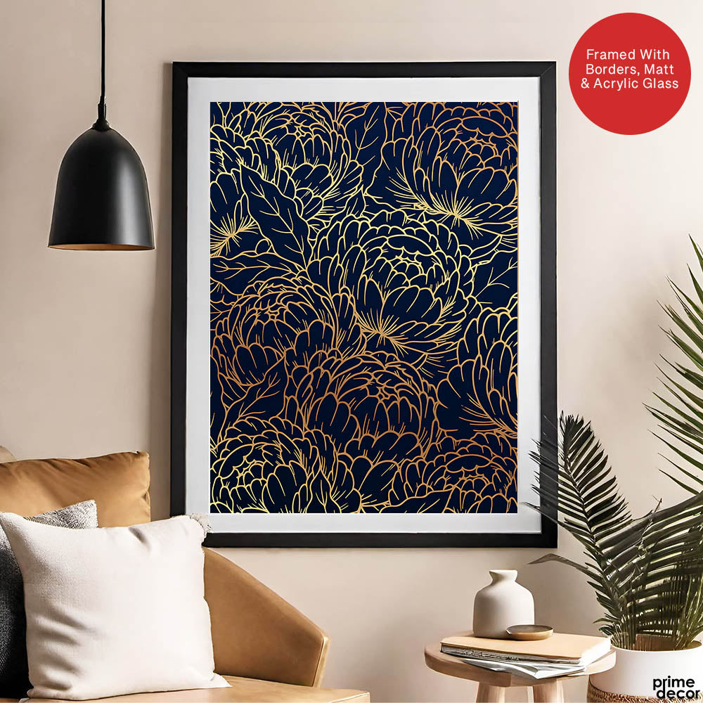 Beautiful Golden Floral Design Over Blue Background | Abstract Floral Artwork #00182 - Prime Décor