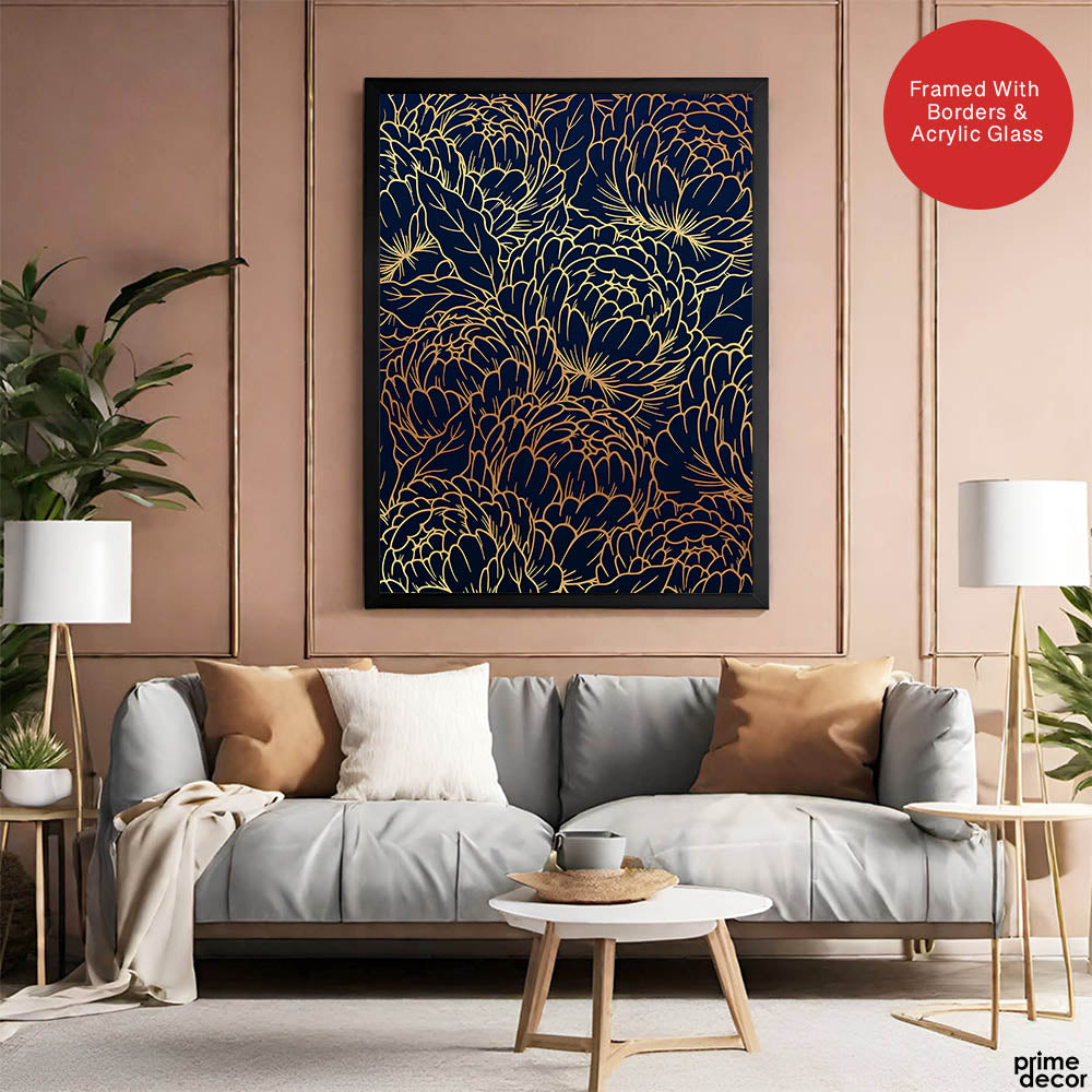 Beautiful Golden Floral Design Over Blue Background | Abstract Floral Artwork #00182 - Prime Décor