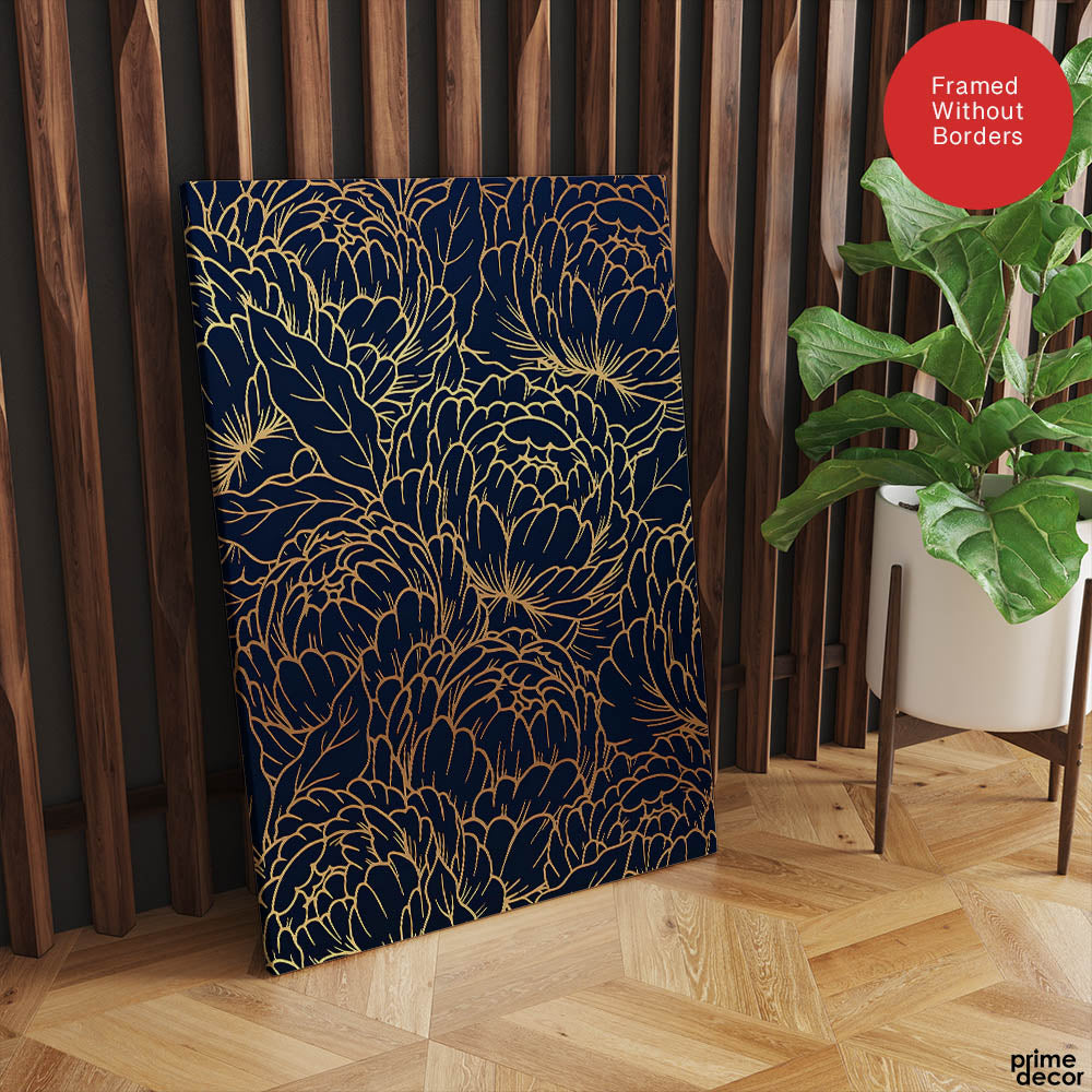 Beautiful Golden Floral Design Over Blue Background | Abstract Floral Artwork #00182 - Prime Décor