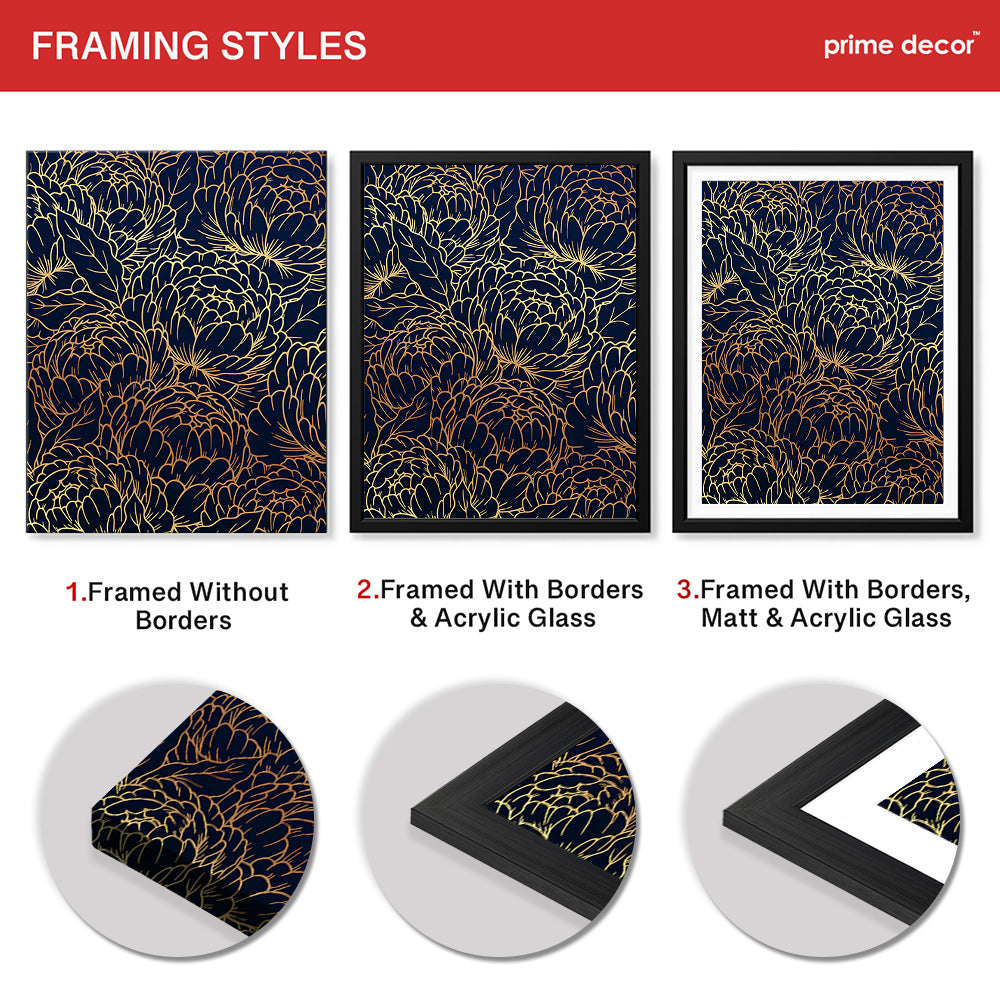 Beautiful Golden Floral Design Over Blue Background | Abstract Floral Artwork #00182 - Prime Décor