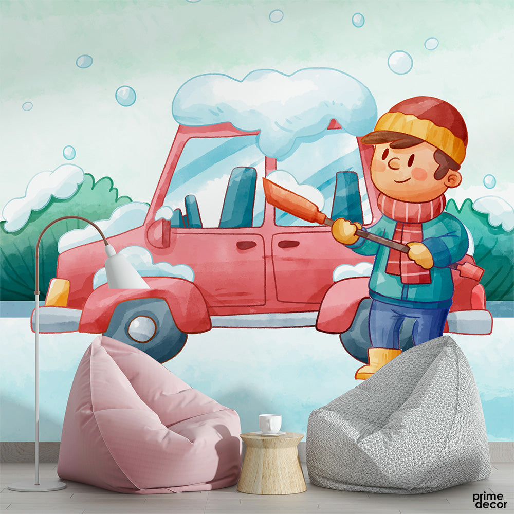 Cute Kid Shoveling Snow From Car Watercolor Style | Kids Wallpaper Mural - Prime Décor