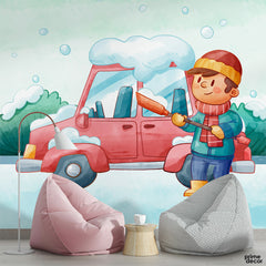 Cute Kid Shoveling Snow From Car Watercolor Style | Kids Wallpaper Mural - Prime Décor