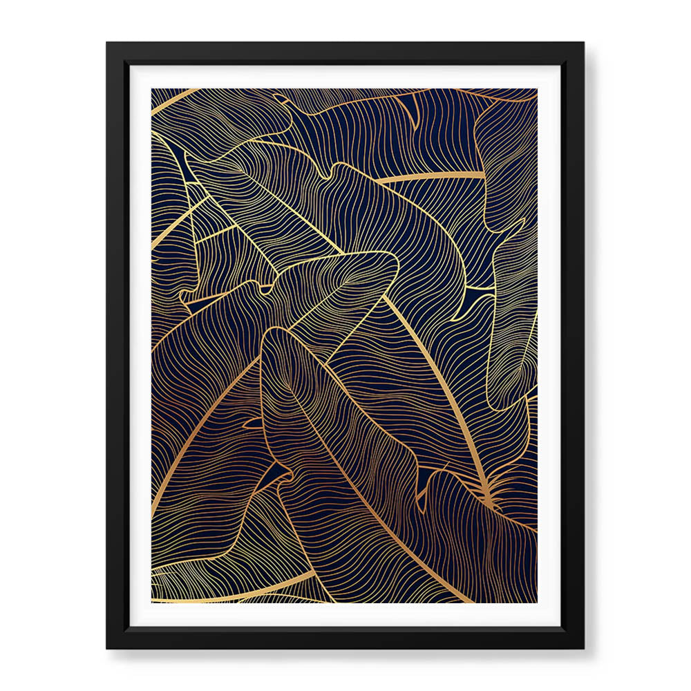 Beautiful Golden Floral Design Over Blue Background | Abstract Floral Artwork #00183 - Prime Décor