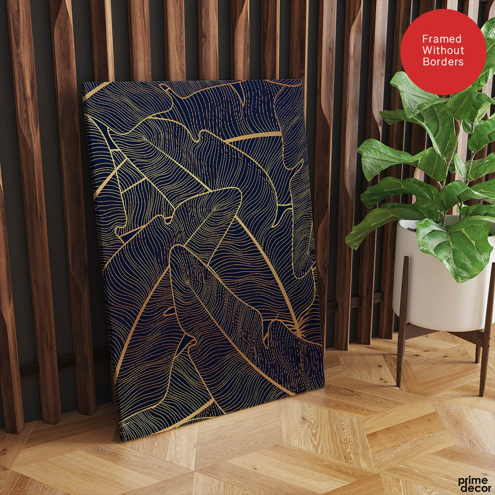 Beautiful Golden Floral Design Over Blue Background | Abstract Floral Artwork #00183 - Prime Décor