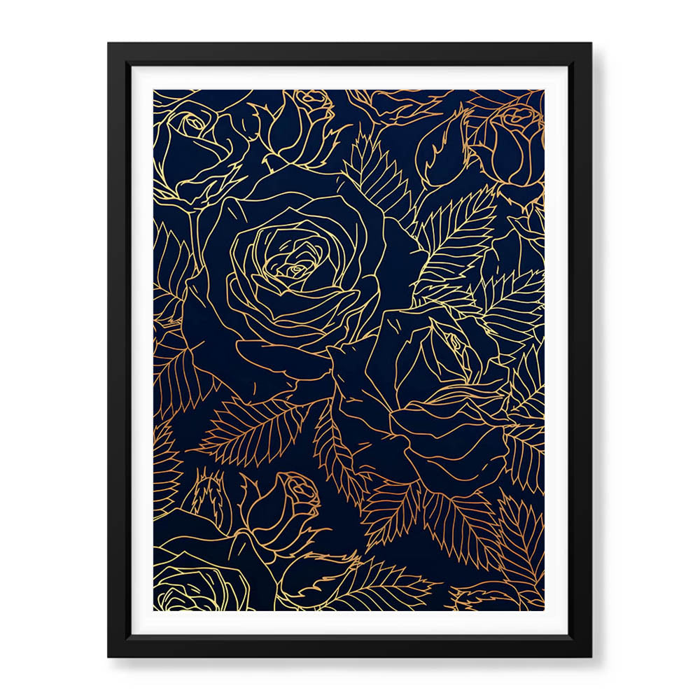 Beautiful Golden Floral Design Over Blue Background | Abstract Floral Artwork #00184 - Prime Décor