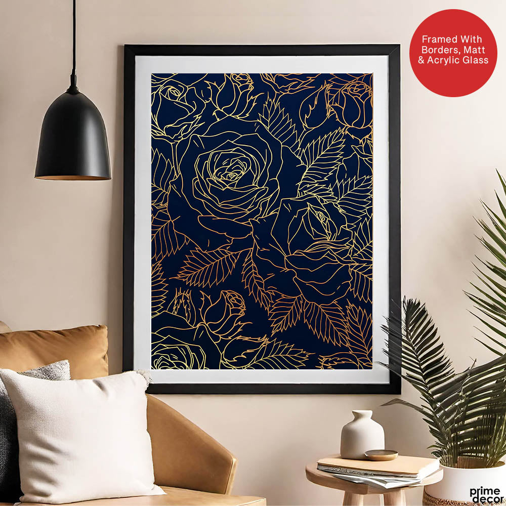 Beautiful Golden Floral Design Over Blue Background | Abstract Floral Artwork #00184 - Prime Décor