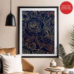 Beautiful Golden Floral Design Over Blue Background | Abstract Floral Artwork #00184 - Prime Décor
