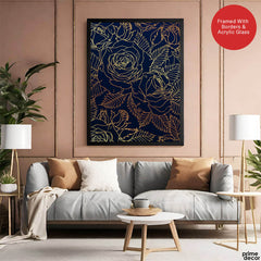 Beautiful Golden Floral Design Over Blue Background | Abstract Floral Artwork #00184 - Prime Décor