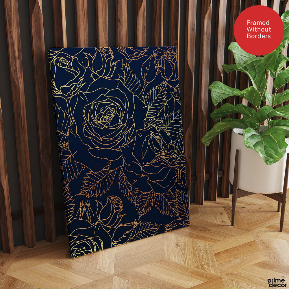 Beautiful Golden Floral Design Over Blue Background | Abstract Floral Artwork #00184 - Prime Décor