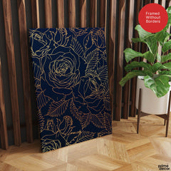 Beautiful Golden Floral Design Over Blue Background | Abstract Floral Artwork #00184 - Prime Décor