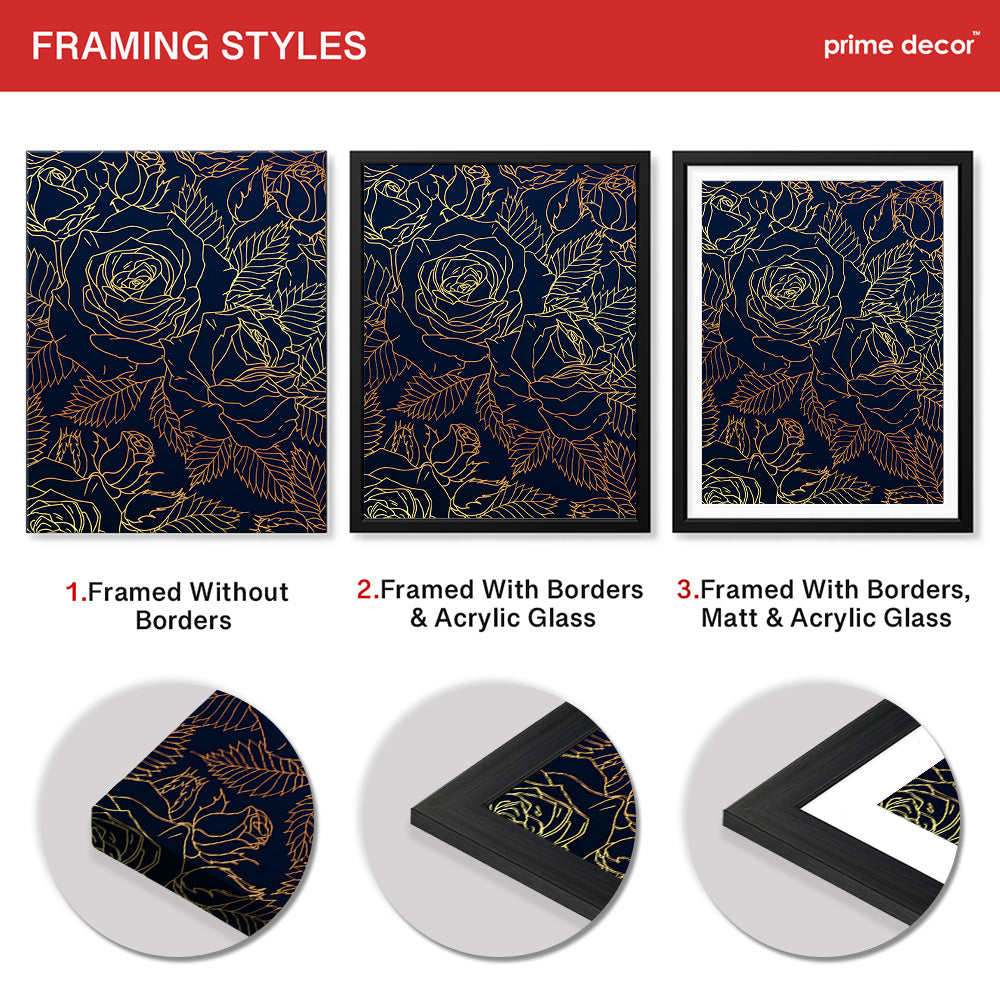 Beautiful Golden Floral Design Over Blue Background | Abstract Floral Artwork #00184 - Prime Décor