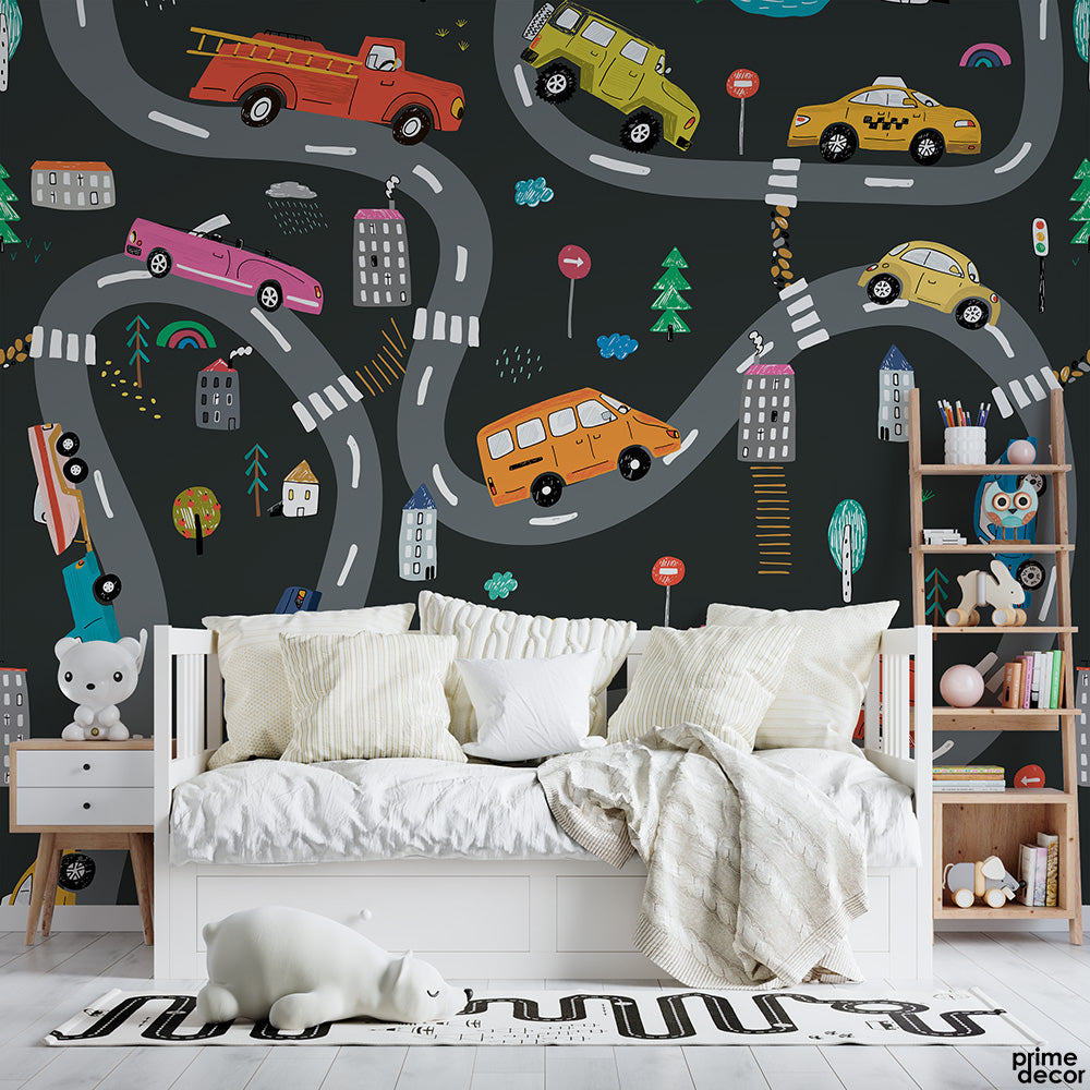 Cute Cars And Road Tracks On Grey Background | Kids Wallpaper Mural - Prime Décor