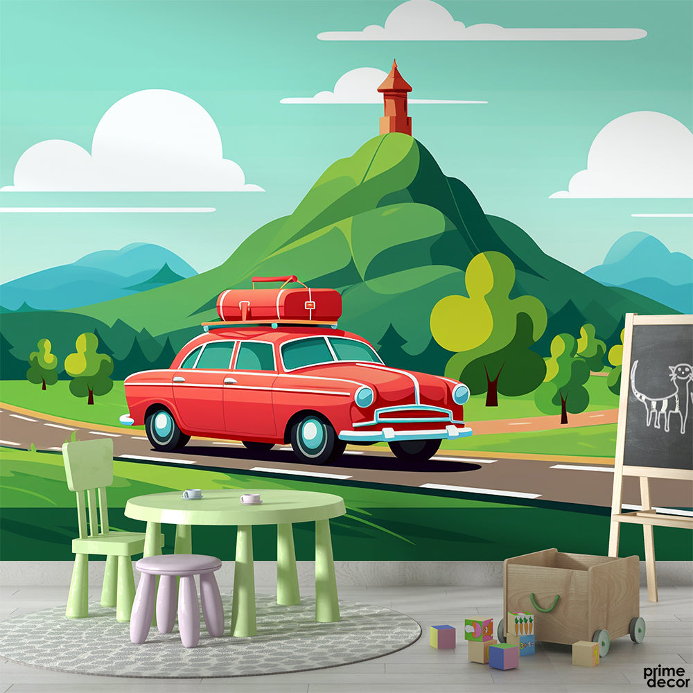 Red Car With Luggage Traveling Through Green Meadows | Kids Wallpaper Mural - Prime Décor