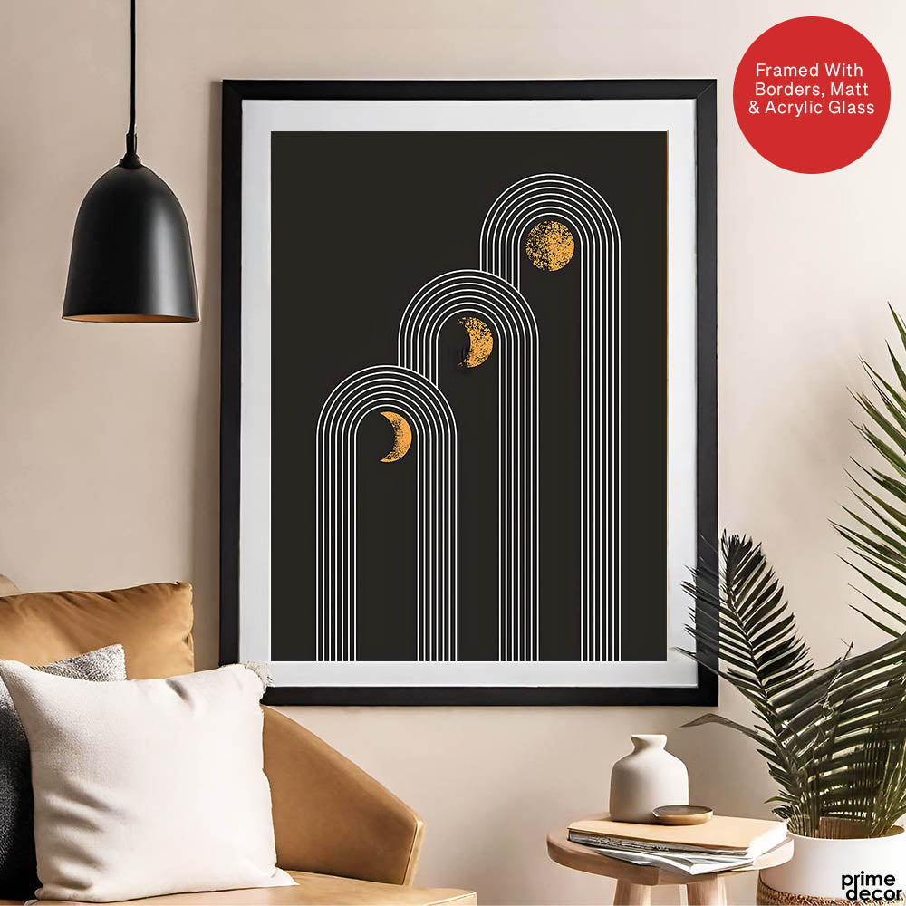 White Lines Over Golden Moon With Black Background | Abstract Fashion Artwork #00189 - Prime Décor