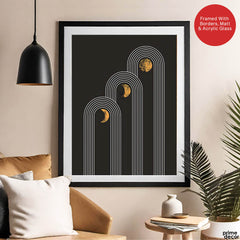 White Lines Over Golden Moon With Black Background | Abstract Fashion Artwork #00189 - Prime Décor