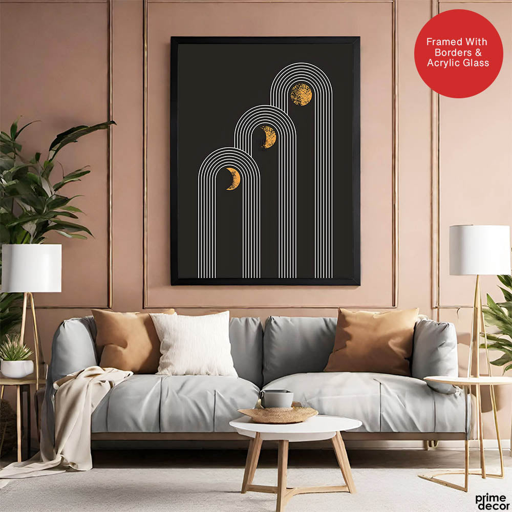 White Lines Over Golden Moon With Black Background | Abstract Fashion Artwork #00189 - Prime Décor