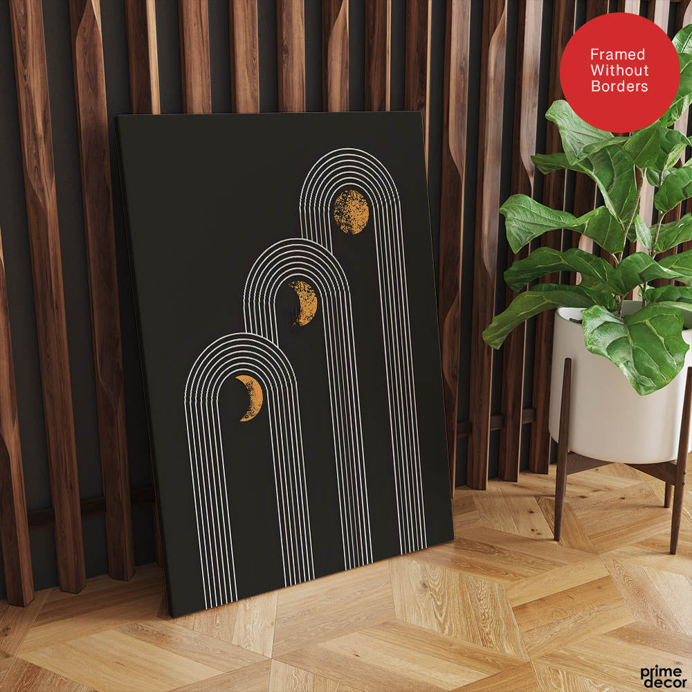 White Lines Over Golden Moon With Black Background | Abstract Fashion Artwork #00189 - Prime Décor