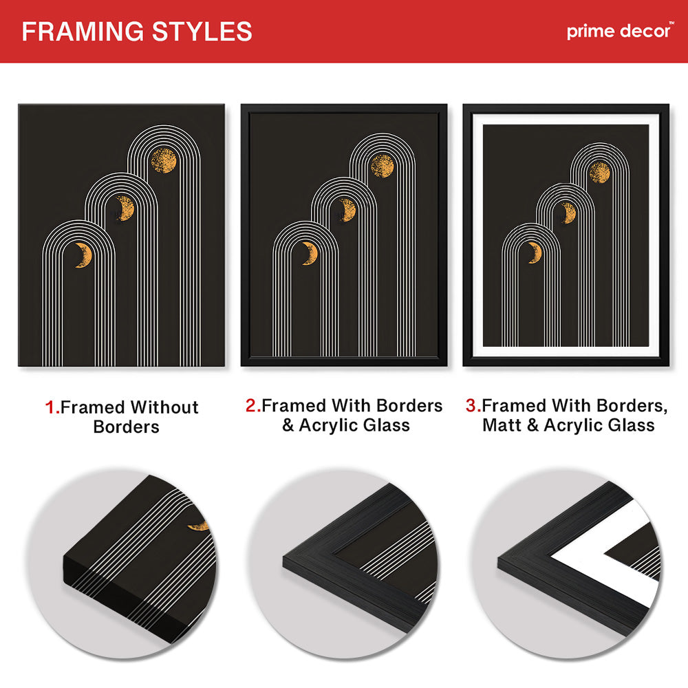 White Lines Over Golden Moon With Black Background | Abstract Fashion Artwork #00189 - Prime Décor