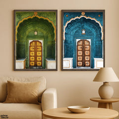 Luxury Green & Blue Vintage Doors With Arches (2 Panel) Classical Wall Art