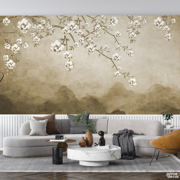 Beautiful White Floral Artwork Over Green Background | Floral Wallpaper Mural