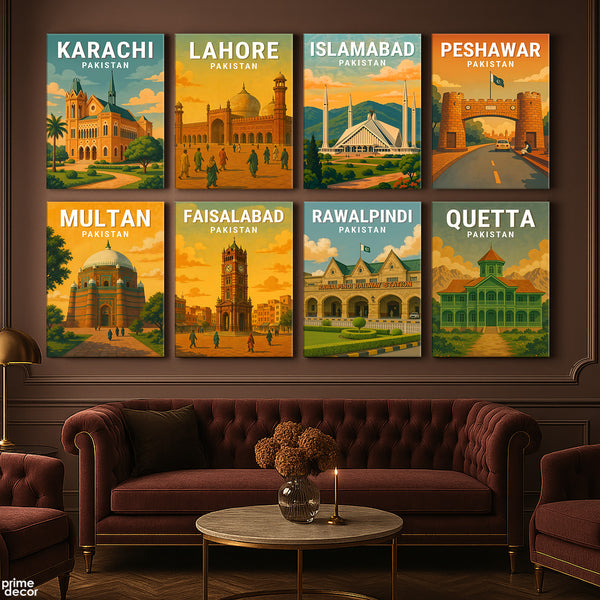 Major Pakistani Cities Illustration Set #03 (8 Panel) Travel Wall Art
