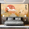 Vintage Japanese Inspired Crane Over The Flowery Mountains | Nordic Wallpaper Mural