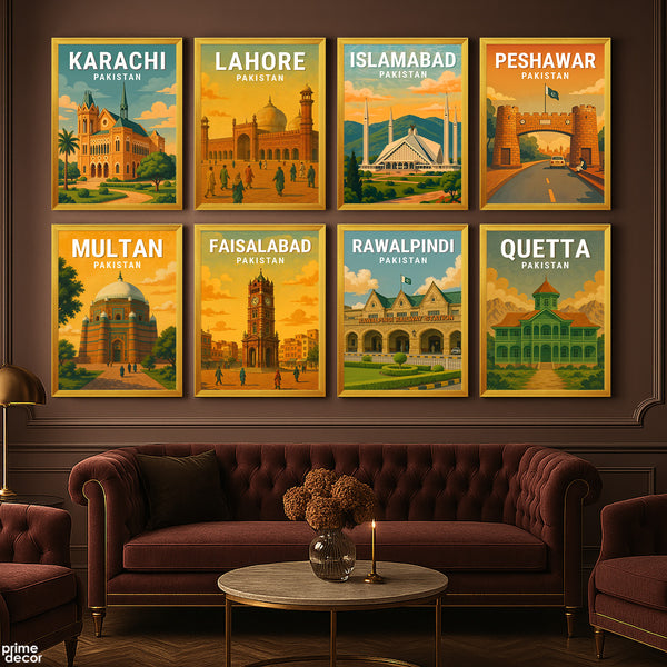 Major Pakistani Cities Illustration Set #03 (8 Panel) Travel Wall Art