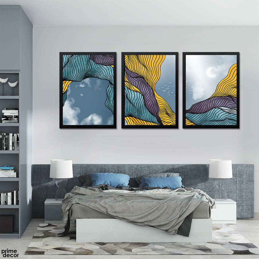 Squash & Blue Abstract Line Art With Sky Background (3 Panel) Abstract Wall Art - Prime Décor