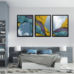 Squash & Blue Abstract Line Art With Sky Background (3 Panel) Abstract Wall Art - Prime Décor
