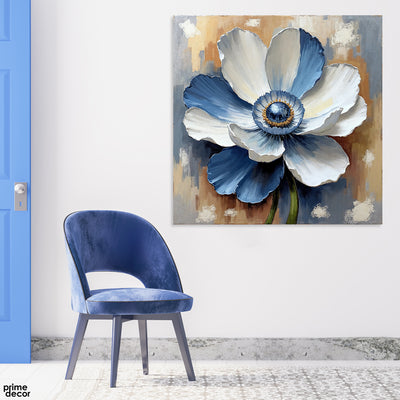 Beautiful White & Blue Flower Over Beige Grey Background (Single Panel) Floral Square Wall Art