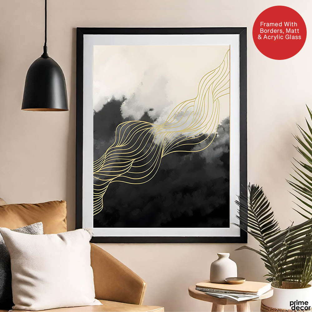 Black & White Background With Golden Lines | Abstract Office Artwork #0018 - Prime Décor