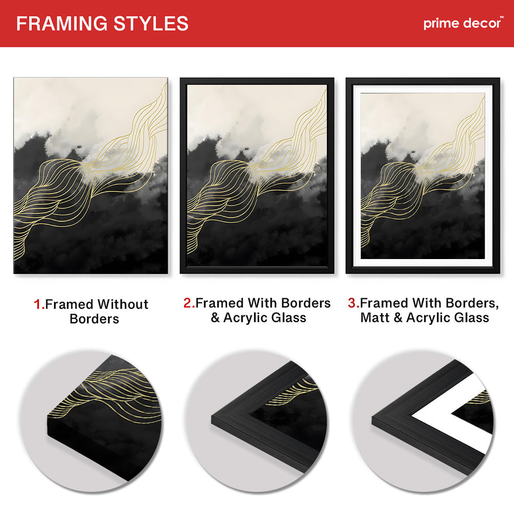 Black & White Background With Golden Lines | Abstract Office Artwork #0018 - Prime Décor