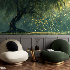Emerald Green Weeping Willow & Glowing Gold Leaves | Enchanted Forest Wallpaper Mural