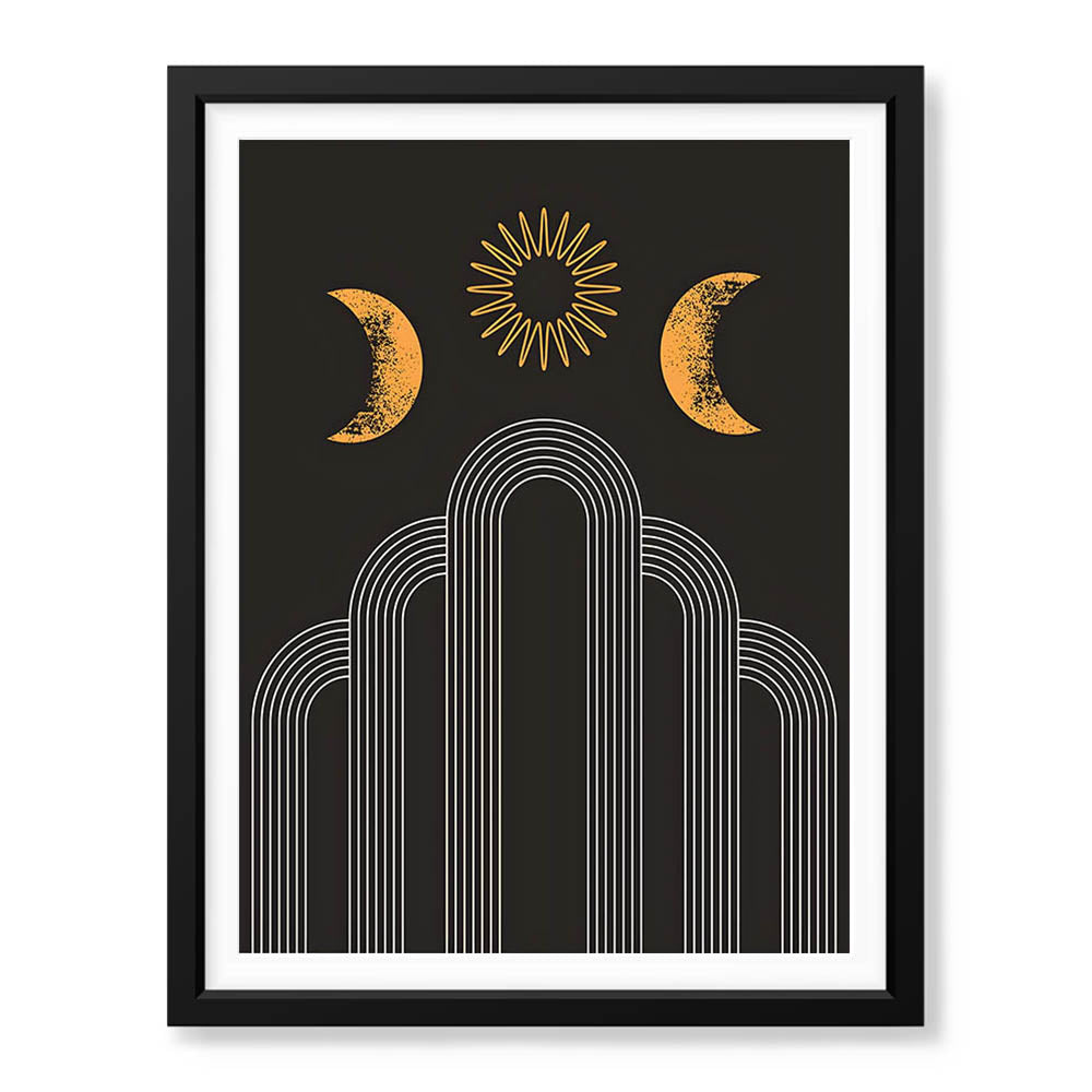 White Line Art With Gold Moon Design Over Black Background | Abstract Fashion Artwork #00191 - Prime Décor