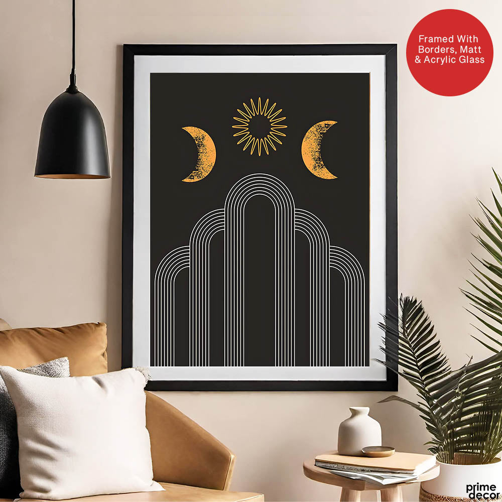 White Line Art With Gold Moon Design Over Black Background | Abstract Fashion Artwork #00191 - Prime Décor