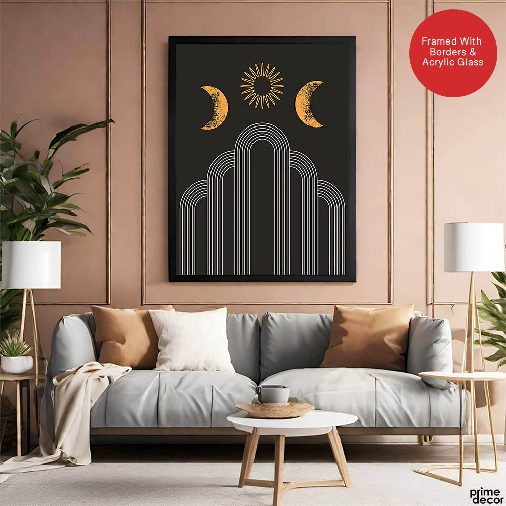 White Line Art With Gold Moon Design Over Black Background | Abstract Fashion Artwork #00191 - Prime Décor