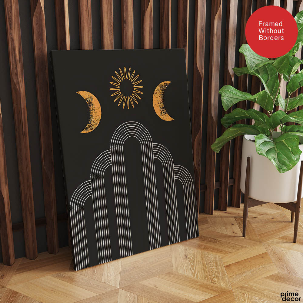 White Line Art With Gold Moon Design Over Black Background | Abstract Fashion Artwork #00191 - Prime Décor