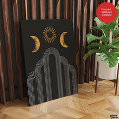 White Line Art With Gold Moon Design Over Black Background | Abstract Fashion Artwork #00191 - Prime Décor
