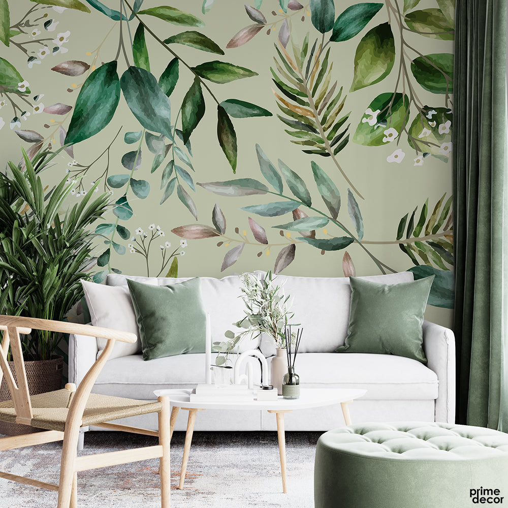 Green Watercolor Tropical Leaves With Light Green Background | Floral Wallpaper Mural - Prime Décor